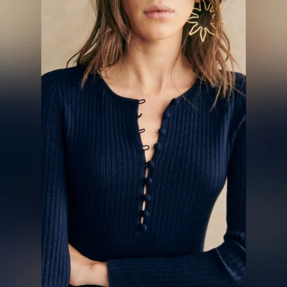 Sezane Meryl Merino Wool and Cotton Navy Sweater Dress Size S - Picture 2 of 5